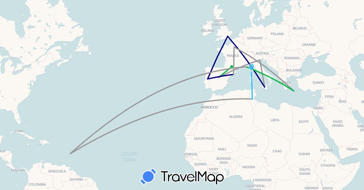 TravelMap itinerary: driving, bus, plane, boat in Spain, France, United Kingdom, Greece, Italy, Portugal, Tunisia (Africa, Europe)